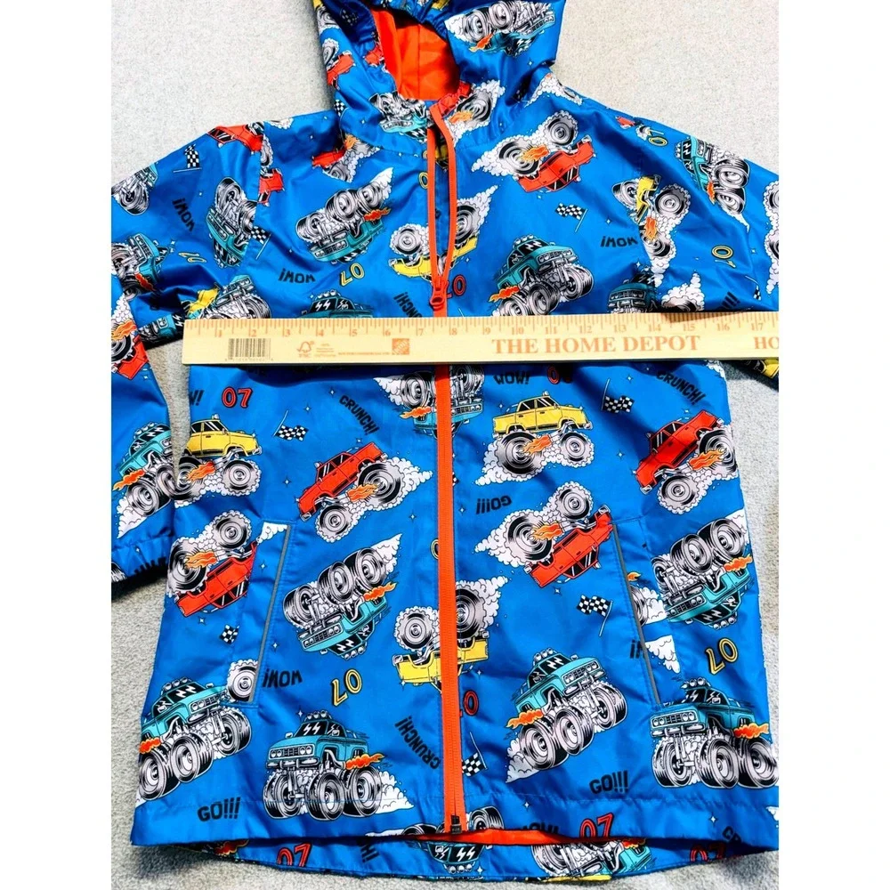 L&D Monster Truck Windbreaker Kids Medium 8-10 Blue Hooded Racing Jacket School